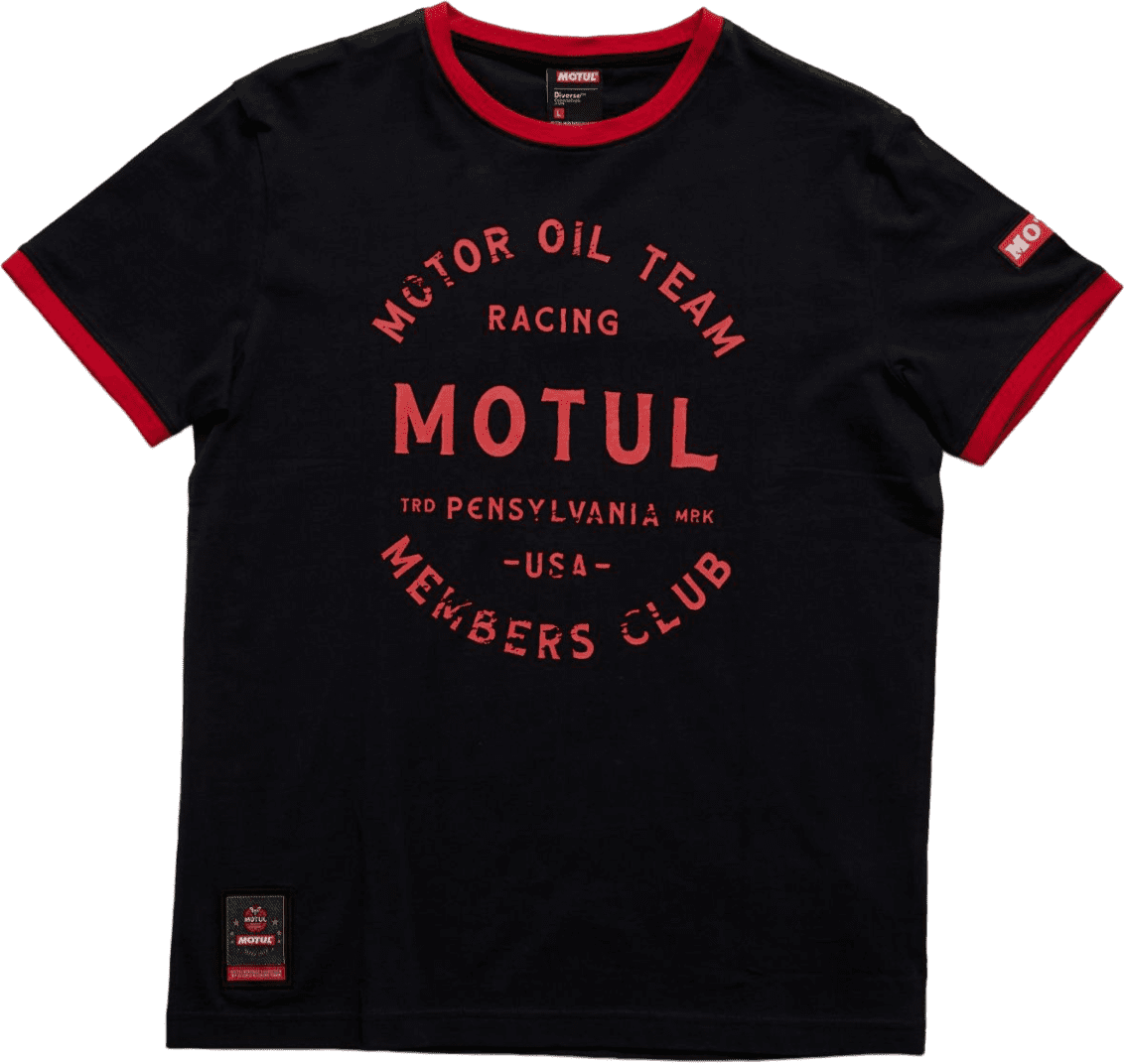 10040094006 Classic 'Motor oil team' T-shirt from the MOTUL Classic collection – large printed logo on the chest, with decorative label on the bottom front and printed logo on the sleeve.