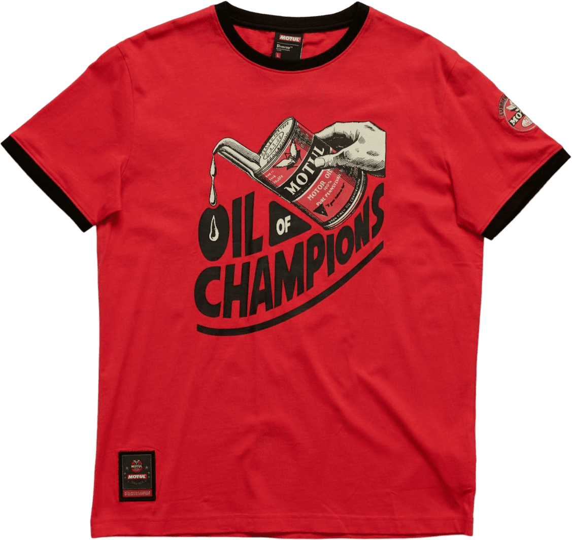 10040094011 Classic 'Motor oil team' T-shirt from the MOTUL Classic collection – large printed logo on the chest, with decorative label on the bottom front and printed logo on the sleeve.