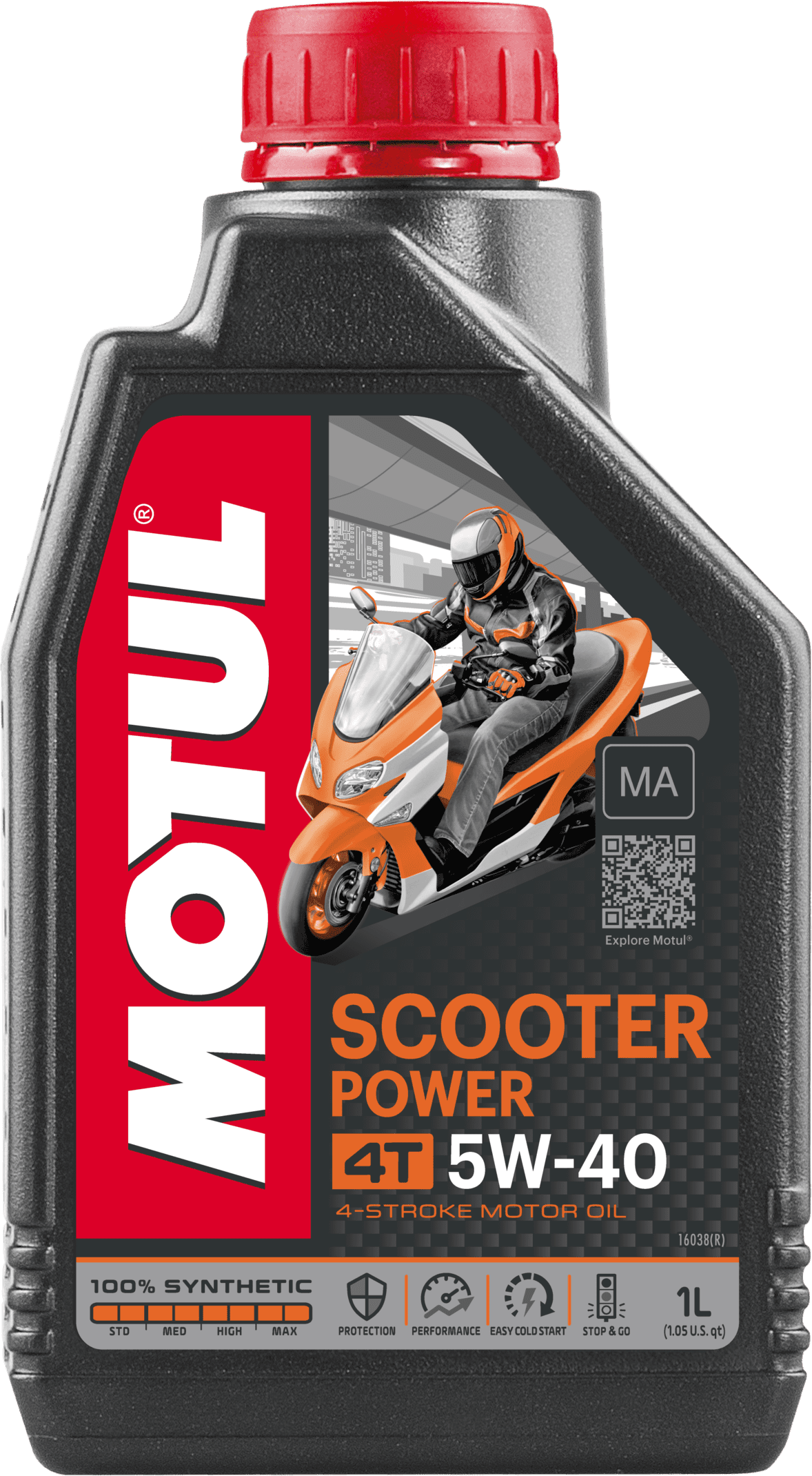 105958-1 100% Synthetic lubricant high performance specially designed for powerful and recent scooters and maxi-scooters fitted with 4-Stroke engines, all engine displacement, with or without catalytic converter, with integrated gearbox and wet clutch.