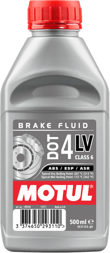 109434-500ML MOTUL DOT 4 LV (Low Viscosity) is especially recommended for use in hydraulic brake and clutch systems of vehicles fitted with ABS (Anti-lock Braking System), ESP (Electronic Stability Program) and ASR (Acceleration Slip Regulation) with a high boiling point and outstanding performance at very low temperatures.