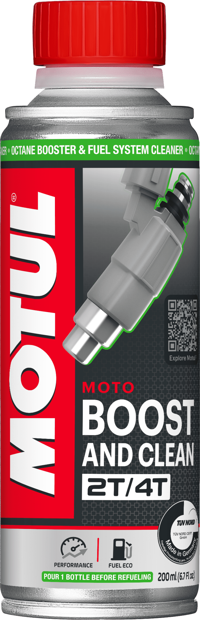 110873-200ML MOTUL Boost And Clean MOTO is a fuel additive to be added to gasoline, which can be used in all types of 2-Stroke and 4-Stroke motorcycle engines.